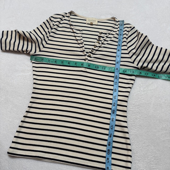 Sezane sz S Theodora T Shirt Top Henley Striped Short Sleeves Ecru Navy - Picture 6 of 6
